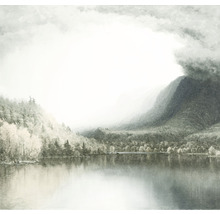 Ilustrace jezerní krajiny s horami a stromy