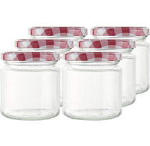 Šest prázdných zavařovacích sklenic s kostkovanými víčky