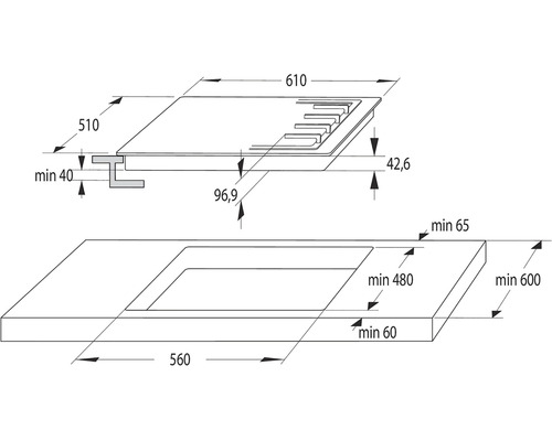 Montážní náčrt varné desky s rozměry
