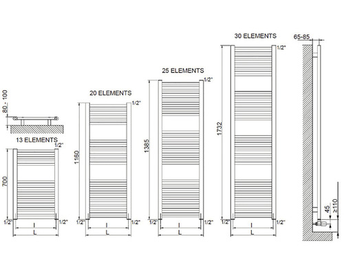 Technický nákres různých koupelnových radiátorů s různým počtem článků a odpovídajícími rozměry.