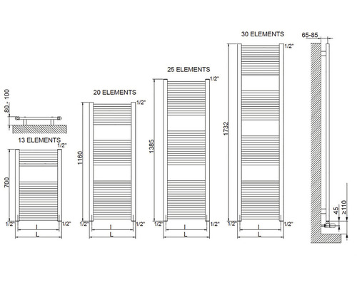 Technický výkres radiátorů s rozměry