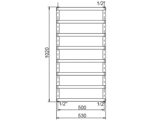 Technický nákres regálu s rozměry.
