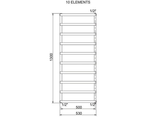 Technický nákres radiátoru s deseti prvky a rozměry