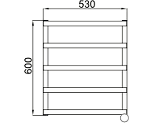 Technický nákres regálu o rozměrech 600 krát 530 milimetrů.