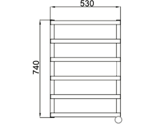 Technický výkres regálu s pěti policemi a rozměry.