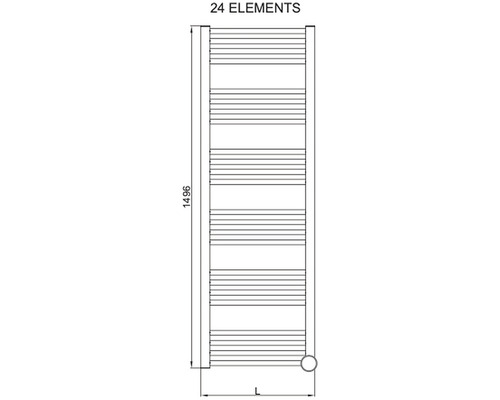 Nákres radiátoru na ručníky s 24 prvky a rozměry.