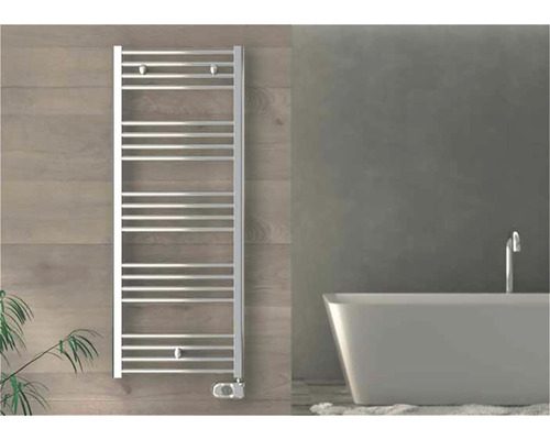 Koupelnový radiátor Cordivari VIMA elektrický chrom 1496x500 mm 3581656110006 Koupelnová scéna s topným žebříkem na ručníky, vanou a rostlinou