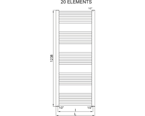 Technický výkres topného žebříku na ručníky s 20 prvky a rozměry