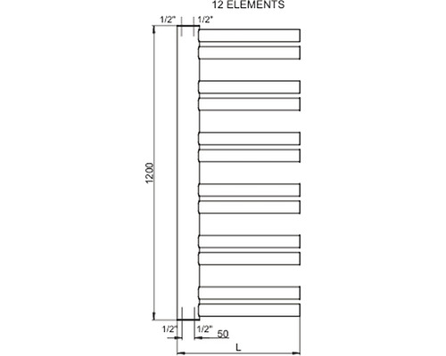 Technický nákres radiátoru s dvanácti prvky a rozměry