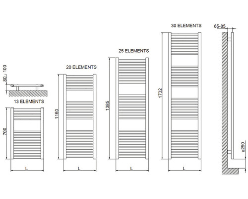 Technický výkres radiátorů s různým počtem prvků a rozměry