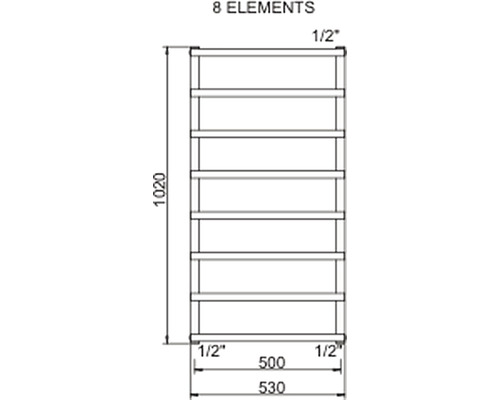 Technický nákres topného tělesa na ručníky s osmi prvky a rozměry.