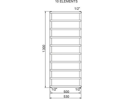 Technický nákres ohřívače ručníků s deseti prvky a rozměry.