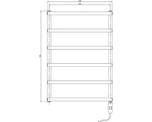 Technický nákres elektrického ohřívače ručníků s rozměry