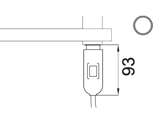 Obrázek rozměrů spínače s kabelem, 93 milimetrů
