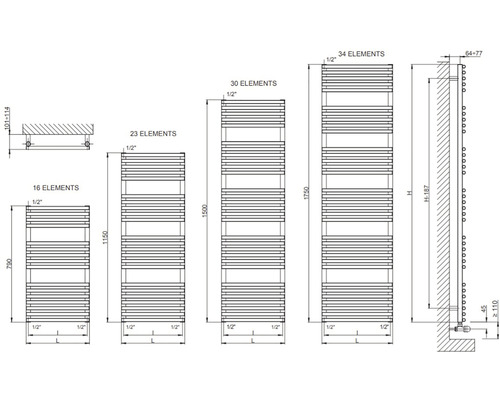 Technický nákres radiátorů s různým počtem prvků a rozměrů.
