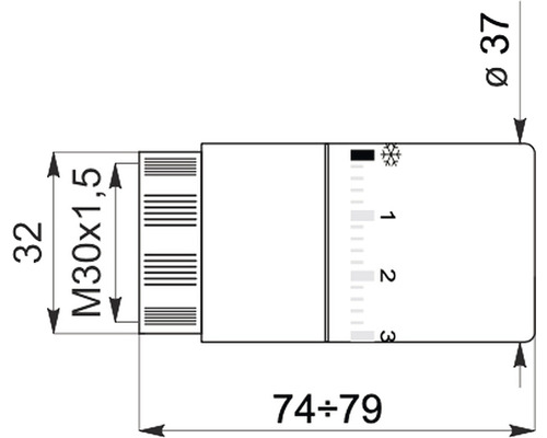 Technický výkres termostatického ventilu s rozměry