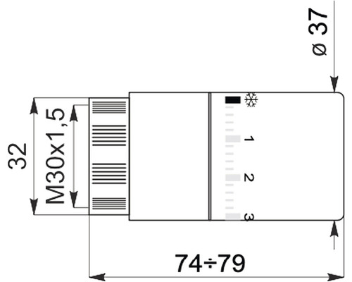 Technický výkres termostatické hlavice s rozměry