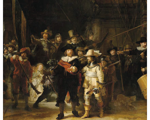 Obraz Noční hlídka od Rembrandta van Rijna se skupinou ozbrojených mužů