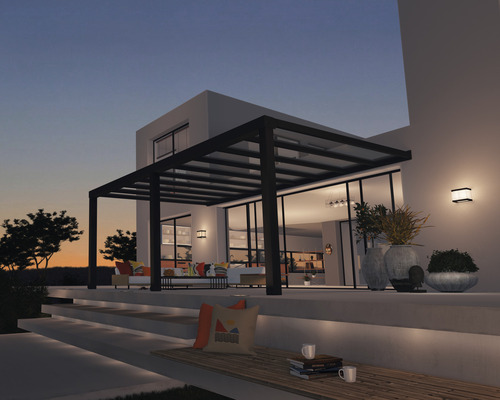 Terasa s pergolou, posezením a venkovním osvětlením pro webshop Hornbach.