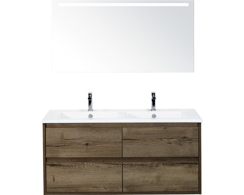 Koupelnový nábytkový set Sanox Porto barva čela tabacco ŠxVxH 121 x 170 x 51 cm s keramickým umyvadlem a zrcadlem s LED osvětlením
