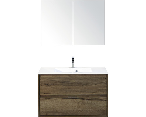 Koupelnový nábytkový set Sanox Porto barva čela tabacco ŠxVxH 90,5 x 170 x 50,5 cm s umyvadlem z minerální litiny a zrcadlovou skříňkou