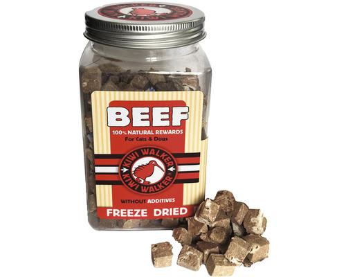Sklenice s mrazem sušenými hovězími odměnami pro kočky a psy od Kiwi Walker