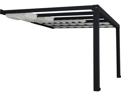 Černá pergola s posuvnou látkovou plachtou do zahrady