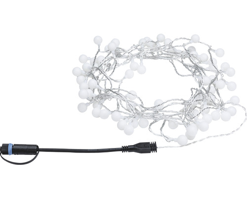 Světelný řetěz s bílými koulemi a černým kabelem