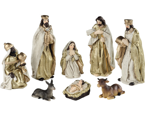 Sada figurek betlému s Ježíškem, Marií, Josefem, třemi králi, volem a oslem