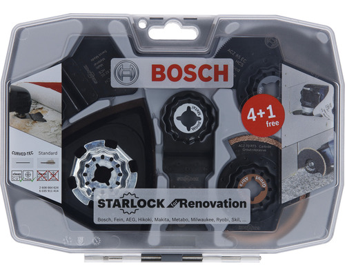 Sada pro renovaci Bosch Starlock s různými pilovými listy a brusnými kotouči v průhledném obalu