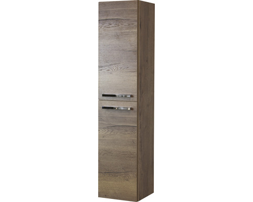 Vysoká koupelnová skříňka se dvěma zásuvkami a strukturou dřeva