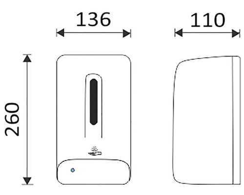 Rozměry dávkovače mýdla: výška 260 mm, šířka 136 mm, hloubka 110 mm