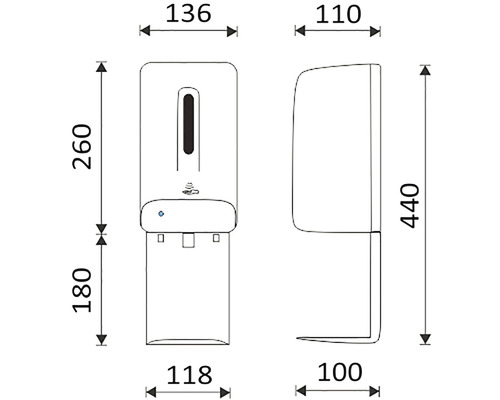 Kreslený rozměr dávkovače dezinfekce o rozměrech 136 x 260 x 118 mm (pohled zepředu) a 110 x 440 x 100 mm (pohled z boku).