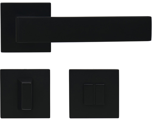 Rozetové kování RK.C36.GARDA.WC.CE na čtvercových rozetách s vratnou pružinou klik, hliník, matná černá