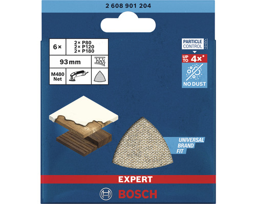 Sada brusných listů Bosch Expert M480 Net, 6 kusů, zrnitost P80, P120 a P180, 93 mm