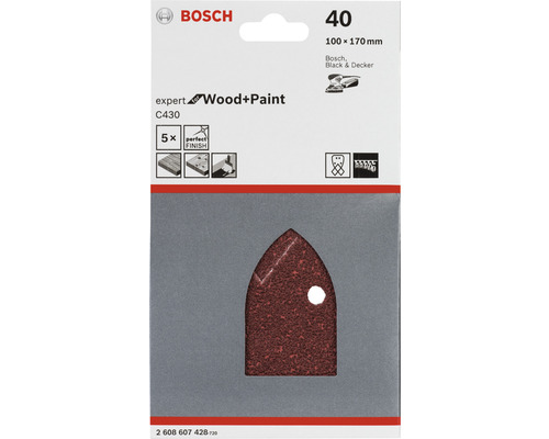 Brusné papíry Bosch Expert Wood and Paint C430, zrnitost 40, 5 kusů, rozměr 100x170 milimetrů