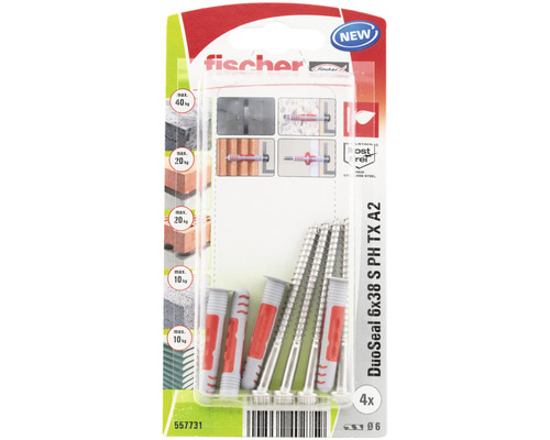 Vruty a hmoždinky Fischer DUOSEAL 6x38 mm, S A2 K NV, sada Hmoždinka Fischer DuoSeal 6x38 se šrouby, 4 kusy, pro různé stavební materiály