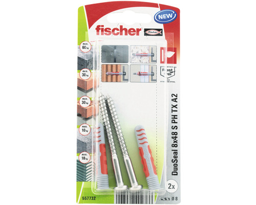Vruty a hmoždinky Fischer DUOSEAL 8x48 mm S A2 K NV, sada Hmoždinka Fischer DuoSeal 8x48 milimetrů se šrouby, balení 2 kusy