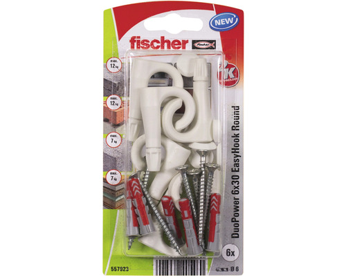 Vruty a hmoždinky Fischer DUOPOWER 6x30 mm+EASYHOOK, háčky, sada