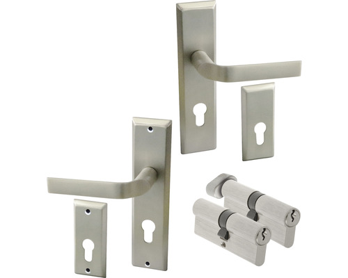 Sada dveřního kování se dvěma klikami, dvěma rozetami a dvěma vložkami