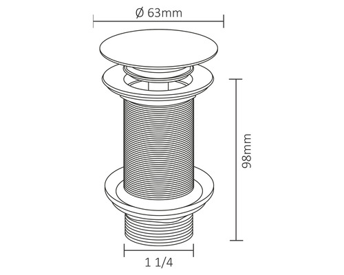 Nákres výpustného ventilu o rozměrech 63 mm v průměru a 98 mm na výšku