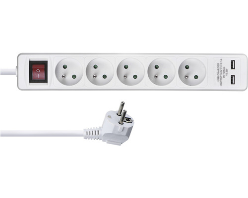 Prodlužovací kabel Emos se 5 zásuvkami + 2× USB a vypínačem 3m bílý
