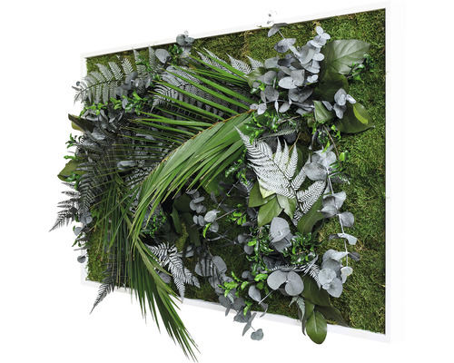 Nástěnný obraz s umělými rostlinami v bílém rámu