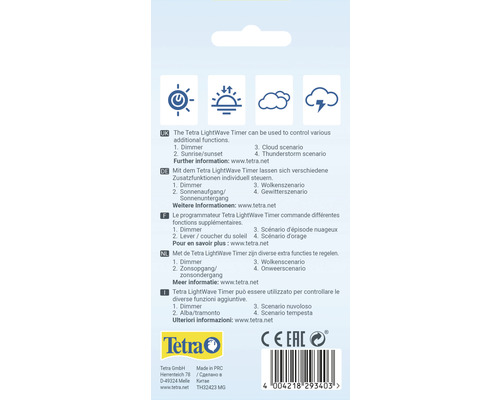 Zadní strana balení časovače Tetra LightWave s informacemi o funkcích