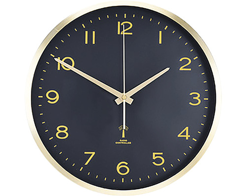 Nástěnné hodiny černo-zlaté řízené rádiem ø30 cm