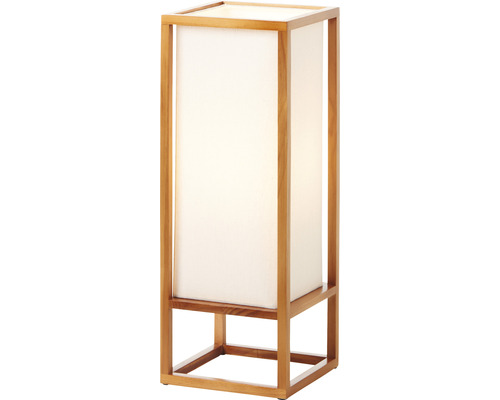 Stojací lampa s dřevěným rámem a látkovým stínidlem