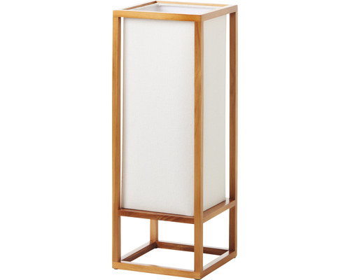 Stojací lampa s dřevěným rámem a látkovým stínidlem