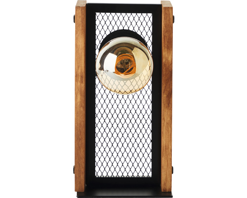 Stolní lampa s kovovým pletivovým stínidlem a dřevěným rámem