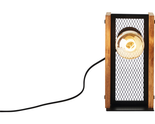 Stolní lampa s dřevěným rámem a kovovou mřížkou