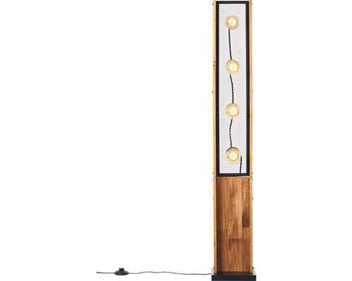 Stojací lampa ze dřeva s kovovými prvky a čtyřmi žárovkami